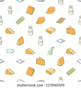 Cheeses and Table setting set. Background for printing, design, web. Usable as icons. Seamless. Colored.