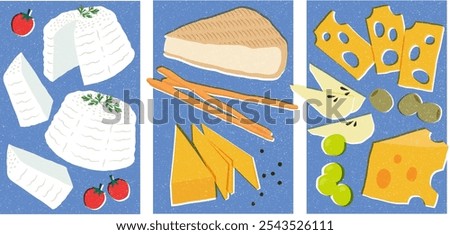 Cheeses Vector illustration posters. Print, off registry effect.