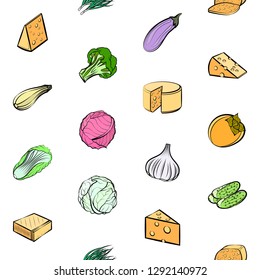 Cheeses and Vegetables set. Background for printing, design, web. Usable as icons. Seamless. Colored.