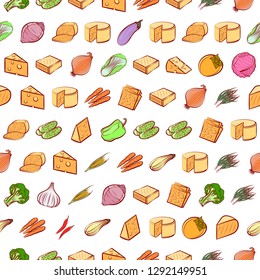 Cheeses and Vegetables set. Background for printing, design, web. Usable as icons. Seamless. Colored.