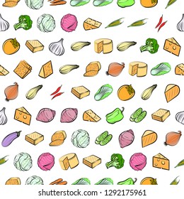 Cheeses and Vegetables set. Background for printing, design, web. Usable as icons. Seamless. Colored.