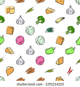 Cheeses and Vegetables set. Background for printing, design, web. Usable as icons. Seamless. Colored.