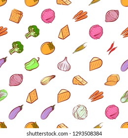 Cheeses and Vegetables set. Background for printing, design, web. Usable as icons. Seamless. Colored.