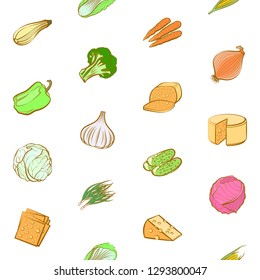 Cheeses and Vegetables set. Background for printing, design, web. Usable as icons. Seamless. Colored.