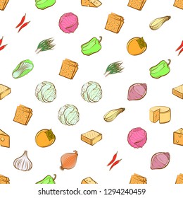 Cheeses and Vegetables set. Background for printing, design, web. Usable as icons. Seamless. Colored.