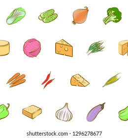 Cheeses and Vegetables set. Background for printing, design, web. Usable as icons. Seamless. Colored.