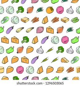 Cheeses and Vegetables set. Background for printing, design, web. Usable as icons. Seamless. Colored.