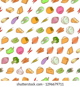 Cheeses and Vegetables set. Background for printing, design, web. Usable as icons. Seamless. Colored.