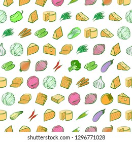 Cheeses and Vegetables set. Background for printing, design, web. Usable as icons. Seamless. Colored.