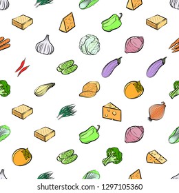 Cheeses and Vegetables set. Background for printing, design, web. Usable as icons. Seamless. Colored.