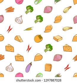 Cheeses and Vegetables set. Background for printing, design, web. Usable as icons. Seamless. Colored.