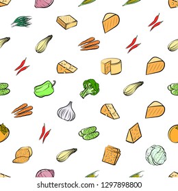 Cheeses and Vegetables set. Background for printing, design, web. Usable as icons. Seamless. Colored.