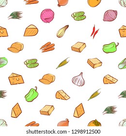 Cheeses and Vegetables set. Background for printing, design, web. Usable as icons. Seamless. Colored.