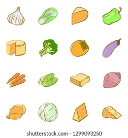 Cheeses and Vegetables set. Background for printing, design, web. Usable as icons. Colored.