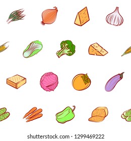 Cheeses and Vegetables set. Background for printing, design, web. Usable as icons. Seamless. Colored.