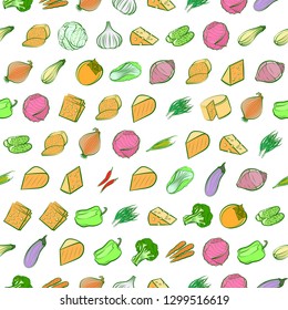 Cheeses and Vegetables set. Background for printing, design, web. Usable as icons. Seamless. Colored.