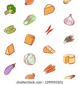 Cheeses and Vegetables set. Background for printing, design, web. Usable as icons. Seamless. Colored.