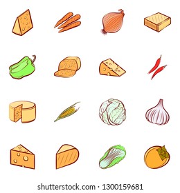 Cheeses and Vegetables set. Background for printing, design, web. Usable as icons. Colored.