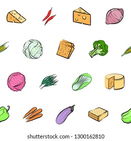 Cheeses and Vegetables set. Background for printing, design, web. Usable as icons. Seamless. Colored.