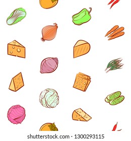 Cheeses and Vegetables set. Background for printing, design, web. Usable as icons. Seamless. Colored.