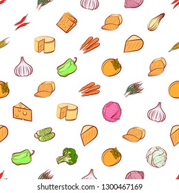 Cheeses and Vegetables set. Background for printing, design, web. Usable as icons. Seamless. Colored.