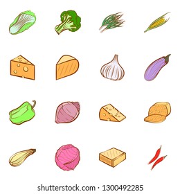 Cheeses and Vegetables set. Background for printing, design, web. Usable as icons. Colored.