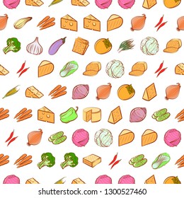 Cheeses and Vegetables set. Background for printing, design, web. Usable as icons. Seamless. Colored.