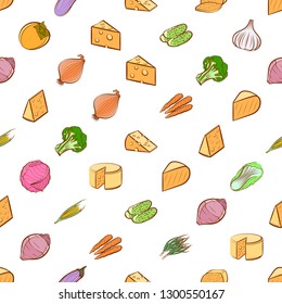 Cheeses and Vegetables set. Background for printing, design, web. Usable as icons. Seamless. Colored.