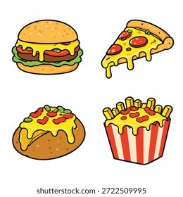 Una hamburguesa con queso, una pizza de pepperoni, un taco cargado y papas fritas con queso derretido al estilo de dibujos animados, todos goteando con queso pegajoso y colores vibrantes, evocan un ambiente divertido y delicioso de comida rápida