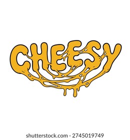 Cheesy hand drawn lettering with melted dripping cheese effect, bold food typography illustration isolated on white background.
