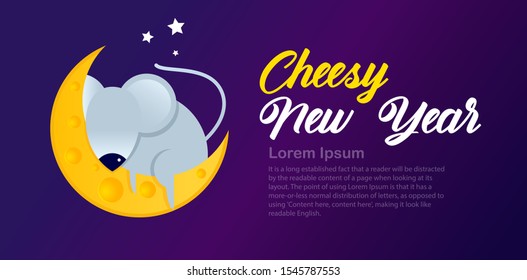 Cheesy New Year. Cartoon rat sleeps on the moon from a piece of delicious cheese. Template for banner, greeting card, invitation. Holiday concept. Copy space for your text. Vector  