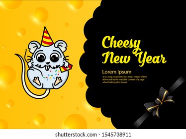 Cheesy New Year Greeting Card. Cartoon rat in a hat and clapperboard with confiti in hand on a background of cheese. Copy space.Vector 