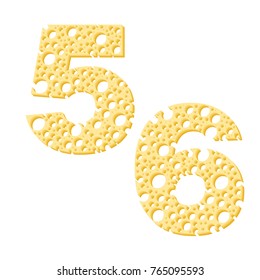 Cheesy numbers five and six.. Slim slice cheese  pieces in number shape. Vector illustration, isolated on white background. 
