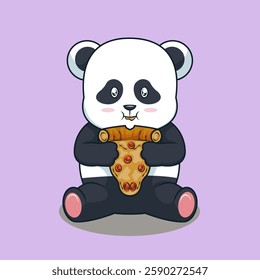 Cheesy Panda: Cute Panda Enjoying a Melty Pizza Slice in Cartoon Style