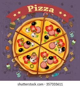 Cheesy pizza fast food illustration