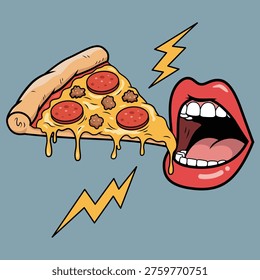 Cheesy Pizza Slice and Open Mouth Pop Art Illustration – Fast Food Craving Concept