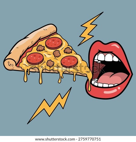 Cheesy Pizza Slice and Open Mouth Pop Art Illustration – Fast Food Craving Concept