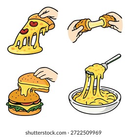 Uma fatia de pizza cheesy, bastão de mozzarella elástico, cheeseburger melty, e mac cremoso e queijo mostrado com queijo derretido gooey em estilo cartoon