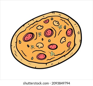 Cheesy pizza with tomato and greens doodle style by hand