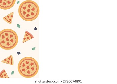 Fondo del día de San Valentín de la pizza con el espacio lateral de la copia del borde. Plantilla gastronómica con pizzas enteras, rebanadas y albahaca. Diseño plano de Vector para menú de restaurante italiano o tarjeta de amante.
