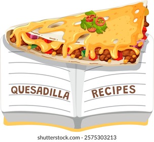 Cheesy quesadilla on an open recipe book