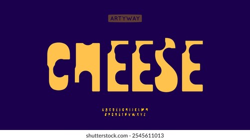 Cheesy quirky letters, plump whimsical alphabet, lively playful typeface for festive food logos, creative branding, cheerful cartoon typography. Vector typeset.