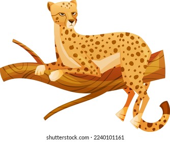 Cheetah African Large Cat with Long Tail and Black Spots on Coat Lying on Tree Branch Vector Illustration