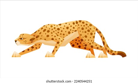 Cheetah as African Large Cat with Long Tail and Black Spots on Coat Sneaking to Victim Vector Illustration