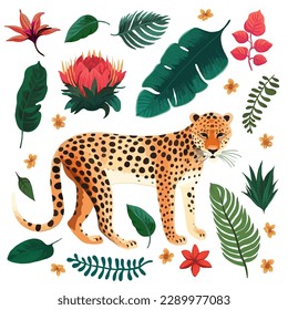 Käsekind und Dschungelblätter. Design mit tropischen Pflanzen Elemente, exotische Blumen, wilde große Katze. Tropische Sommer natürliche Schönheit. Tierwelt-Flachbild-Zoo