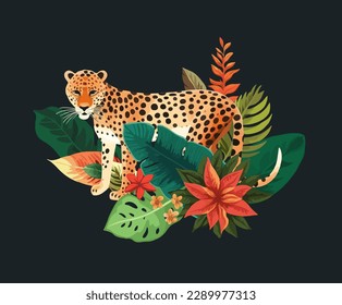 Gepard im Dschungel. Tropische Pflanzen, exotische Blumen, grüne Blätter. Tropischer Strauß, naturbelassenes Sommerdesign. Zoo und botanische Tierwelt