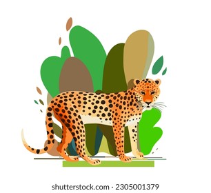 Animal guepardo con un fondo natural positivo. Hojas tropicales abstractas en diseño de belleza natural silvestre. Ambiente zoológico de vida salvaje con un lindo gato grande. Ilustración vectorial de dibujos animados