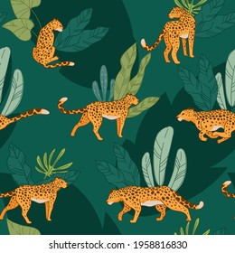 Cheetah animal with spots on fur, animal in wild habitat. Predator in motion and calm state. Camouflage of mammal hiding by lush tropical foliage. Jaguar or panther pattern. Vector in flat style