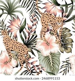 Cheetah animal, tropical palm leaves, hibiscus flower seamless pattern white background. Exotic Hawaiian jungle wallpaper.