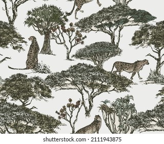 Cheetah Animals in Safari Trees Seamless Pattern, Oriental Savannah Wildlife Landscape Design, Hand Drawn Toile Etched Wallpaper Design, Hand drawn Plants in Park